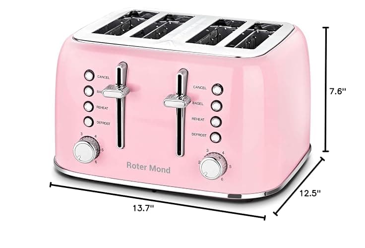 Roter Mond Toaster 4 Slice Retro Stainless Steel with Extra Wide Slots Bagel, Defrost, Reheat Function, Dual Independent Control Panel, Removable Crumb Tray, 6 Browning Levels, Pink thumbnail 2