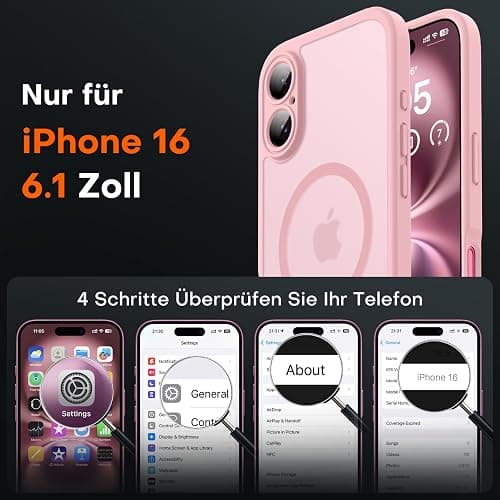 TOCOL für iPhone 16 Hülle für Magsafe, Vollständiger Kameraschutz Stoßfest Kratzfest Transluzente Rückseite Magnetisch Handyhülle für iPhone 16 Case, Rosa thumbnail 2