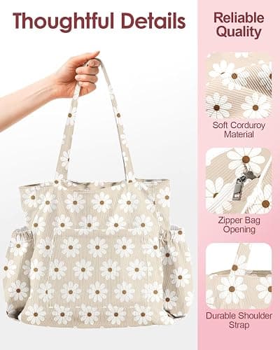 Miss Adola Cute Corduroy Tote Bag for Women Multi-Pocket with Zipper | Large Capacity Shoulder Bag for Work, Travel, and Shopping thumbnail 6