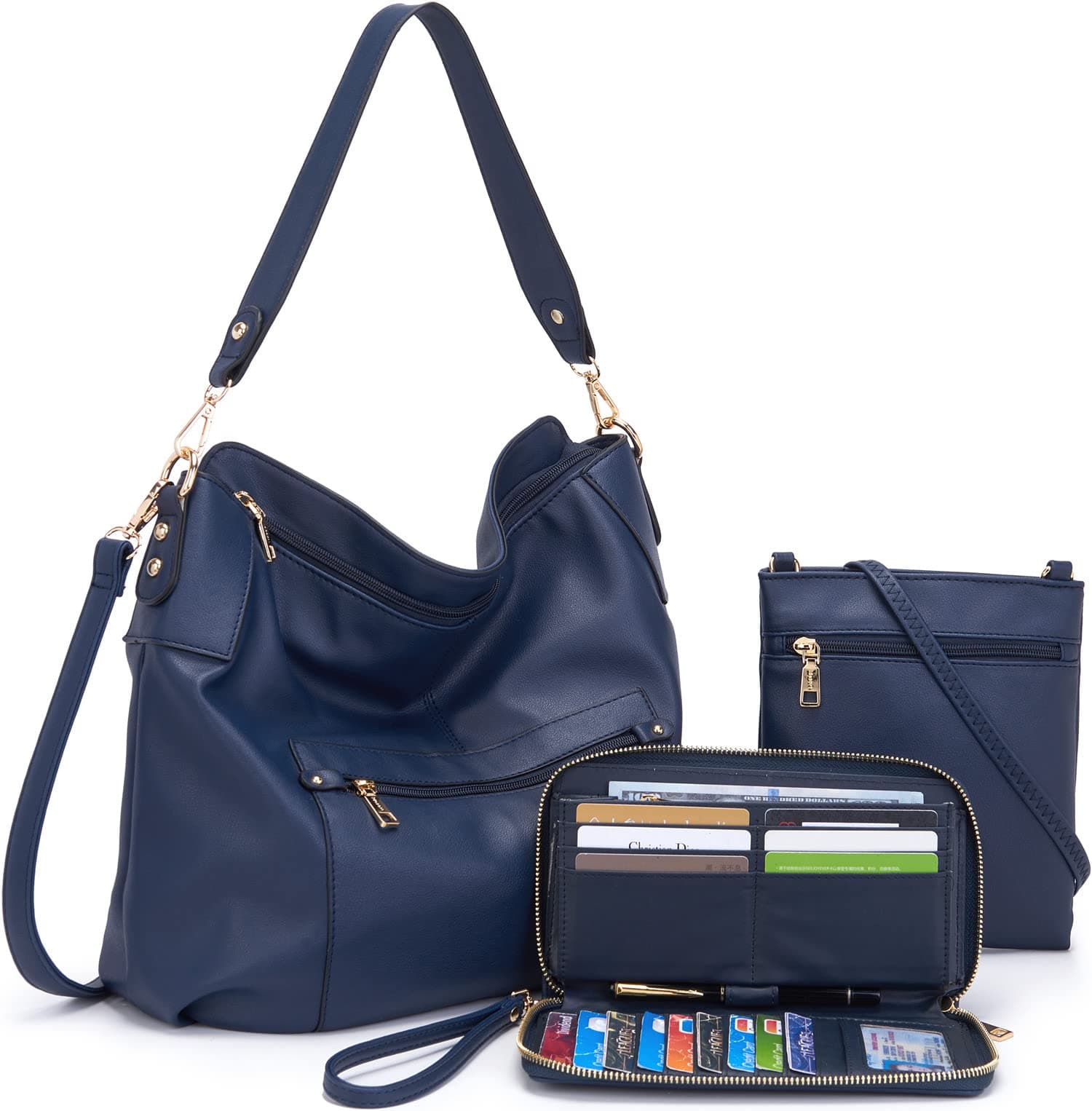 Large Crossbody Bags Ladies Shoulder Handbags Purse and Wallet Set for Women Totes Hobo Purses - 3pcs/Set Navyblue thumbnail 7
