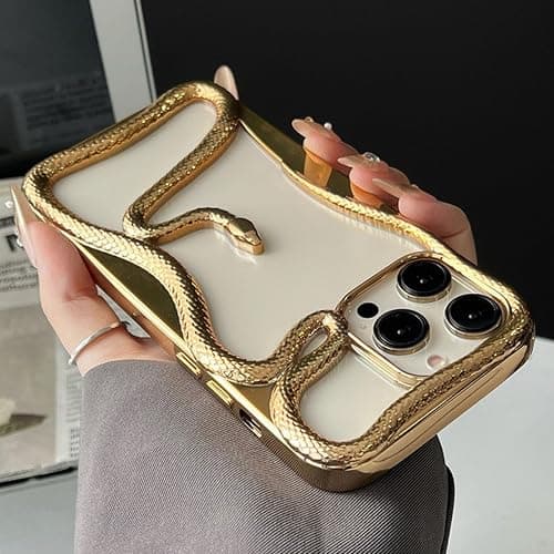 Solid Color Hollow Snake Electroplated Soft Phone Case, Stylish Hollow Snake Shaped Electroplated Phone Case, Mini Shockproof Snake Phone Case for iPhone 15/16 Pro max (Gold,for iPhone15) thumbnail 3