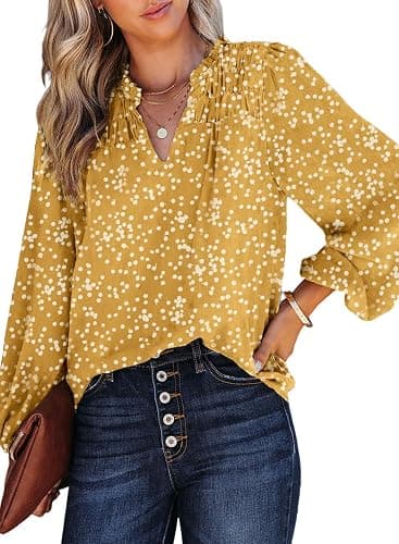 Dokotoo Women's Casual V Neck Alicia Floral Print Smocked Long Sleeve Chiffon Blouses Bohemian Top Shirts - Image 1