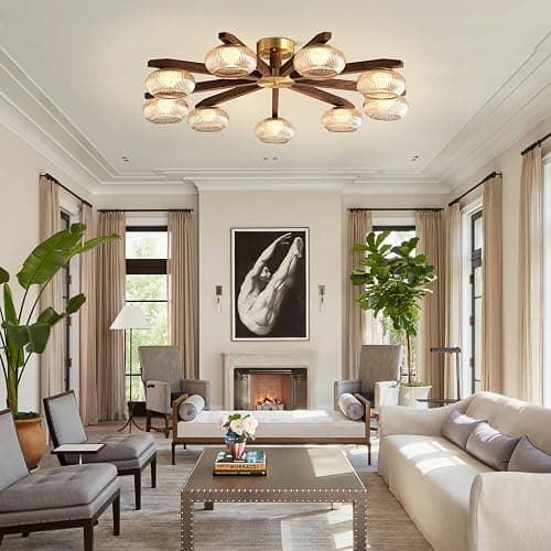 Walnut Wood LED Ceiling Light Fixture, Modern 9-Light Semi-Flush Mount with Glass Shades, 41" Farmhouse Chandelier Walnut & Brass for Living Room, Dining Room, Bedroom thumbnail 2