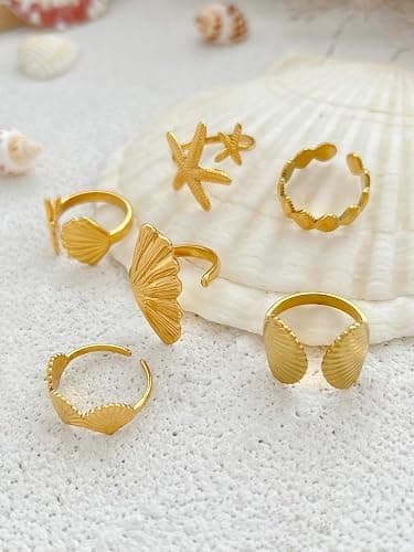 Inactwin 6PCS Chunky Gold Starfish Shell Rings for Women Trendy Dainty Summer Beach Stackable Stainless Steel Ring Surfer Fashion Statement Beachy Boho Jewelry Gifts thumbnail 6