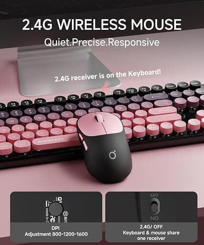 EWEADN V96 Wireless Keyboard and Mouse Combo, 2.4G Wireless Full-Sized Retro Typewriter Style Keyboard with Round Keycaps, 104 Keys Computer Keyboards and Mouse for Windows/Mac/PC, Gradient Pink thumbnail 3