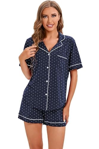 LUBOT 100% Cotton Pajamas for Women 2 Piece PJ Set Button-Down Soft Knit Short Sleeve Summer Sleepwear Loungewear XS-XXL thumbnail 5