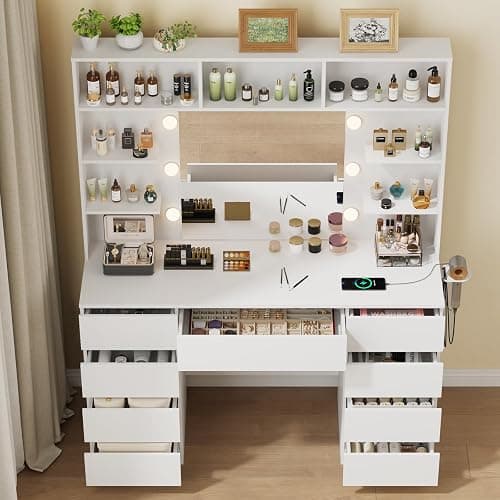 Vanity Desk with Mirror and Lights,43" Makeup Vanity Table with 9 Drawers and 7 Storage Shelves, Power Outlet & Adjustable LED Lights, Dressing Table for Bedroom，White thumbnail 2