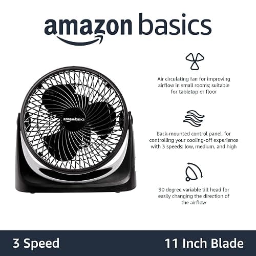 Amazon Basics Air Circulator Fan, Desk Fan for Bedroom, Home and Office, With 90-Degree Tilt Head, 3 Speed Settings, Lightweight (4.2 LBS), 70 Watts, Black, 14.8"Wx7.6"Dx14.1"H thumbnail 4