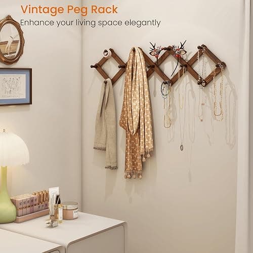 Homode Vintage Wood Expandable Peg Rack- Multi-Purpose Accordion Wall Hangers with 13 Hooks for Hats, Coat, Mugs, Scarf, Jewelry Storage thumbnail 7