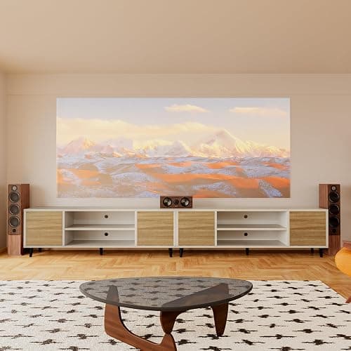 YESHOMY Modern TV Stand for 65" Television, Entertainment Center with Two Storage Cabinets and Open Shelves, Retro Style Media Console for Living Room, Bedroom, Office, 58 Inch, White and Beige thumbnail 6