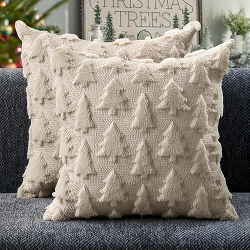 DFXSZ Christmas Tree Pillow Covers 18x18 inch Set of 2 Christmas Decoration Beige Soft Plush Faux Fur Jacquard Throw Pillows for Bedroom Sofa Holiday Festivals Winter Home Decor PTK006C18 - Image 1