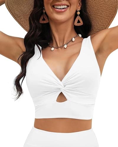 LookbookStore Tankini Tops for Women Cut Out Long Bikini Top Twist Knot Padded Adjustable Swimsuit Tops Only Resort Wear - White - XX-Large - Image 1