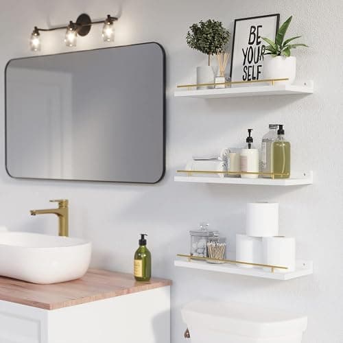 WOPITUES Floating Shelves with Gold Metal Guardrail, Shelves for Wall Decor Set of 3, Wall Shelves for Bedroom, Bathroom, Kitchen, Living Room, Plants, Picture Frames, Art- White and Gold thumbnail 2