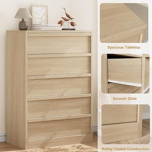 GarveeHome 5 Drawer Dresser for Bedroom, Modern 5 Chest of Drawers Tall with Large Drawers Storage, Wooden Dresser Organizer for Living Room, Nursery, Entryway - Natural thumbnail 6