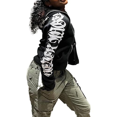 PLAYPUNK Women Zip Up Hoodie Y2k Letter Graphic Print Rhinestone Oversized Hoodies Gothic Jacket Vintage Streetwear thumbnail 4