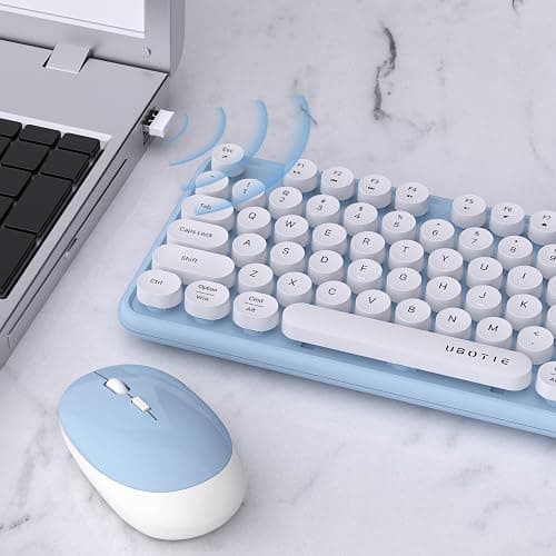 UBOTIE Colorful Computer Wireless Keyboard Mouse Combos, Typewriter Flexible Keys Office Full-Sized Keyboard, 2.4GHz Dropout-Free Connection and Optical Mouse (Blue-White) thumbnail 3