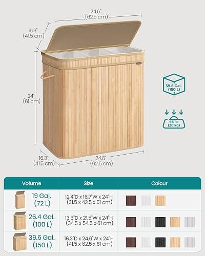 SONGMICS Laundry Hamper with Lid, Bamboo Laundry Basket, Removable Machine Washable Hamper Basket, with Handles, 150 L, for Laundry Room, Bedroom, Washroom, Natural Beige LCB062N01 thumbnail 5