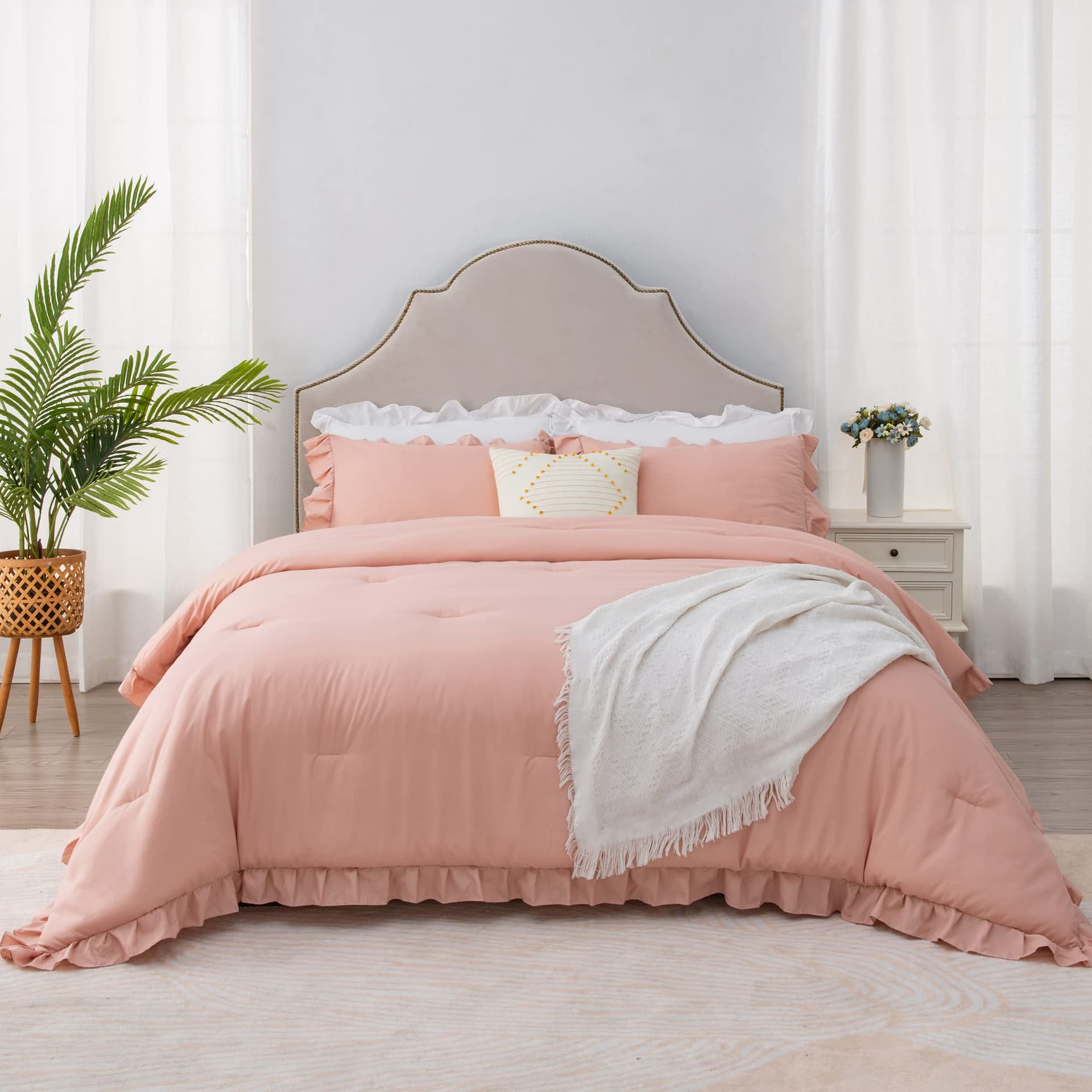 Litanika Blush Pink Ruffle King Bed Comforter Set, 3 Pieces Girls Women Cute Bedding Comforters & Sets, Lightweight Fluffy Microfiber Down Alternative (104x90In Comforter & 2 Pillowcases) - King (104"x90") - Blush Pink thumbnail 8