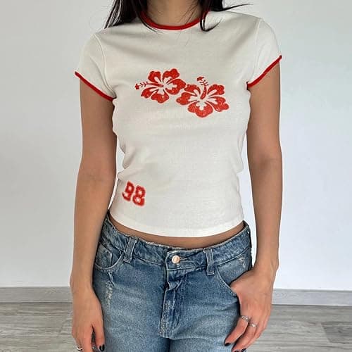 Y2k Graphic Baby Tees Women Teen Girl Fruit Print Crop Top Short Sleeve Slim Fit Vintage Aesthetic T Shirt Clothes - Small - Milky Hibiscus Floral thumbnail 6