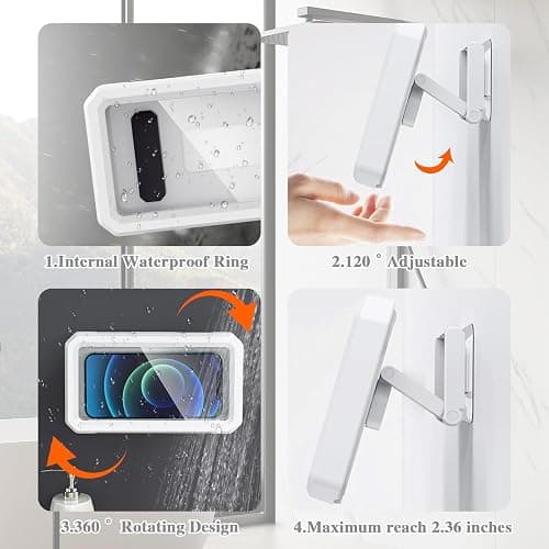DOSAKEIKO Shower Phone Holder Waterproof Adjustable Rotating Wall Mount Touchscreen Compatible Multi Functional Phone Holder for Shower Bathroom Waterproof Anti Fog Design thumbnail 2