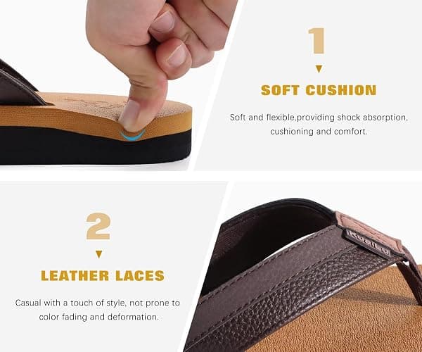 KuaiLu Men's Yoga Mat Leather Flip Flops with Arch Support Comfortable Cushion Walking Thong Sandals Slip On Indoor Outdoor thumbnail 5