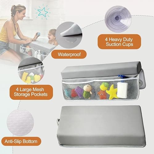 JVEOO Baby Waterproof Vegan Leather Bath Kneeler and Elbow Rest Pad Set | Thickened Non-Slip Memory Foam Knee & Arm Support Bathtub Mat with Toy Organizer for Infant Toddler Bathing thumbnail 3