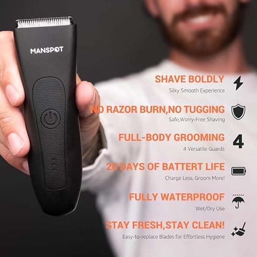 MANSPOT Manscape Groin & Body Hair Trimmer for Men, Electric Ball Pubic Trimmer Shaver,Manscape Kit with 4 Guard,Replaceable Ceramic Blade Heads,Waterproof Wet/Dry Shaver,90 Minutes Shaving thumbnail 2