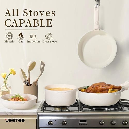 JEETEE Pots and Pans Set Non Stick 17pcs, Kitchen Cookware Sets with Detachable Handle, Induction Nonstick Cookware Set with Removable Handle, Stackable RV Cookware, Oven Safe, PFAS/PFOA Free, Beige thumbnail 7