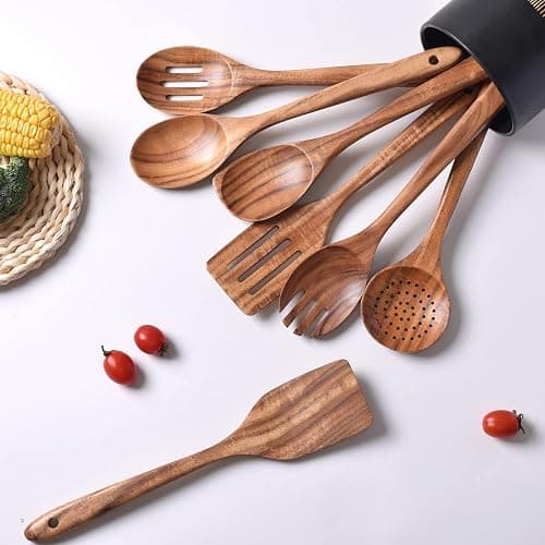 Gudamaye 13 inch Long Wooden Utensils for Cooking, Long Handle Wooden Spoons for Cooking, 7 PCES Crafting Wooden Spoon Set, Wooden Kitchen Utensil set, Natural Teak Wooden utensil Set thumbnail 4