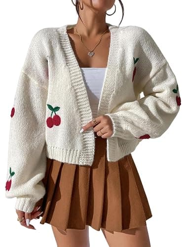GORGLITTER Women's Cherry Cropped Cardigan Sweaters Open Front Long Sleeve Cute Chunky Knit Short Cardigan Trendy - Image 1