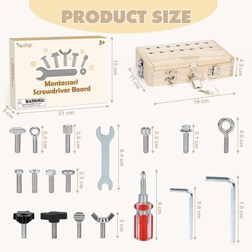 Vanplay Montessori Toys for 3 4 5 Year Olds, Montessori Screwdriver Board Set with Lock and Key - Kids Tool Set for Toddlers Travel, Fine Motor Skills Wooden Toys thumbnail 2
