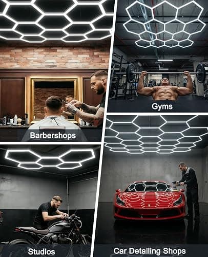 Garage Lights Hexagon led Lights DIY Ceiling LED Shop Light 91630LM for Basement Warehouse Workshop Barbershop Car Care Wash Room Auto Beauty Gym Exhibition Hall 14 Grids with Rectangle Frame 6500K thumbnail 6