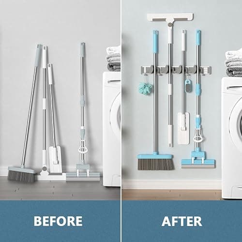 Holikme Mop Broom Holder Wall Mount Metal Pantry Organization and Storage Garden Kitchen Tool Organizer Wall Hanger for Home Goods (4 Positions with 4 Hooks, Silver) thumbnail 5
