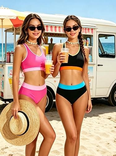 Girls Swimsuit Color-Block High Waist Sporty Sets Girls Two Piece Bathing Suit with Chest Pad Swimwear 7-16T thumbnail 6