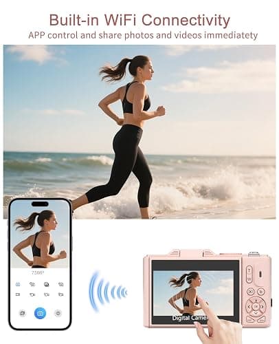 FLATIC Digital Camera, 5K 75MP Cameras for Photography with WiFi & 64GB TF Card, Autofoucs Vlogging Camera for YouTube with 180° Flip Screen, Compact Vlog Travel Camera Kit for Beginner, Teens (Pink) thumbnail 4