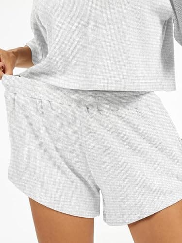AnotherChill Women's Cropped Waffle Knit Lounge Set – Short Sleeve Henley Top and High Waisted Shorts 2 Piece Casual Outfit thumbnail 6