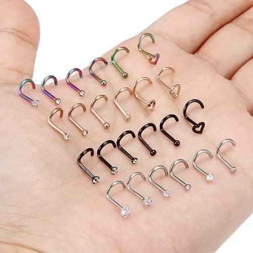 Yaalozei 18G 20G Nose Rings Piercings Hypoallergenic Nose Studs 316L Surgical Steel Heart Nose Rings L Shaped Straight Screw Nose Piercing Jewelry for Women Men Silver Black Rose Gold Colorful thumbnail 2