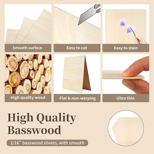 Balsa Wood Sheet, 5 Pack Plywood Sheets, Basswood Sheets 12X12X1/16 Inch, Unfinished Wood Boards Blanks for Laser Cutting, Engraving, Burning, Crafts thumbnail 4