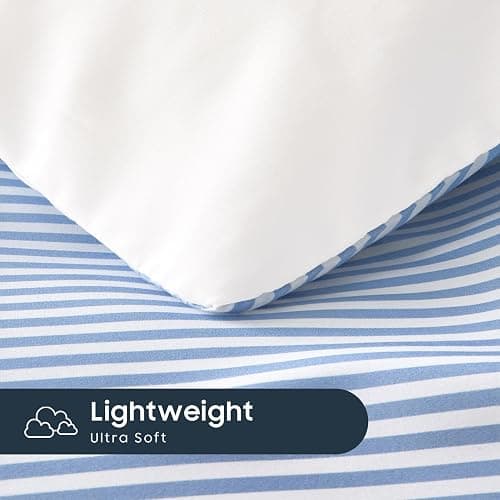 Wake In Cloud - Striped Comforter Set, Ticking Stripe Vertical Pinstripe Neutral Farmhouse Pattern Printed, Soft Lightweight Bedding, 3 Pieces, Blue White, Twin/Twin XL Size thumbnail 6