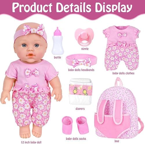 UZIDBTO 12 Inch Baby Dolls with Backpack Carrier Can Store Doll Clothes and Accessories,12" Reborn Baby Doll Set in Gift Box with Feeding Bottle Nipple Diaper for Kids Toddler Age 3+ thumbnail 7