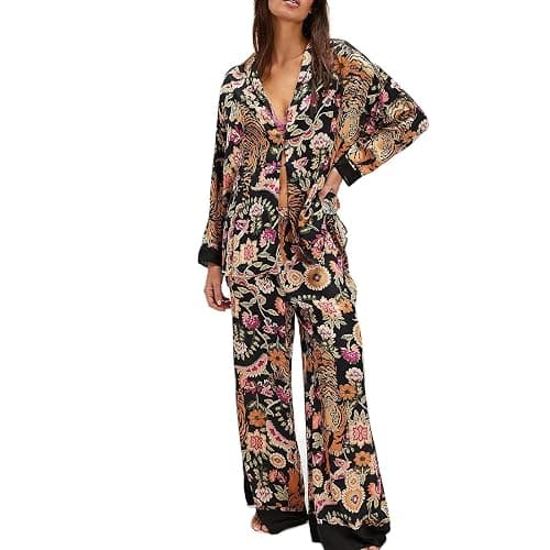 Fenghualzzniya Women Satin Pajama Set Floral Silk Pajamas 2 Piece Lounge Sets Button Down Shirts Wide Leg Pants Pjs Sleepwear - Image 1