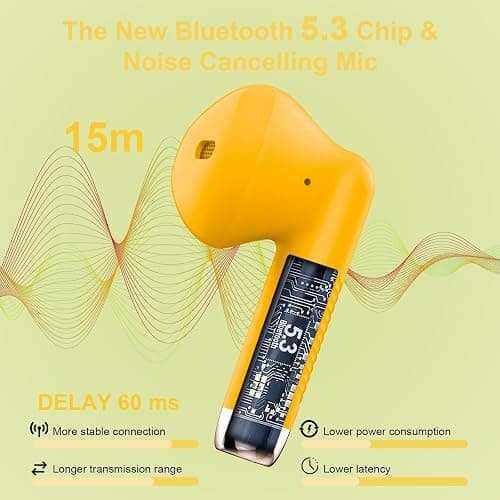 Wireless Earbuds, Bluetooth 5.4 Earbuds Stereo Bass, Bluetooth Headphones in Ear Noise Cancelling Mic, Earphones IP7 Waterproof Sports, 32H Playtime USB C Charging Case Yellow Ear Buds for Android iOS thumbnail 2