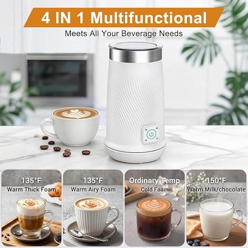 Milk Frother, 4-in-1 Electric Milk Steamer with Warm and Cold Foam Maker, Milk Heater and Warmer Hot & Cold Milk Foamer Maker for Latte Coffee Chocolate (White) thumbnail 4