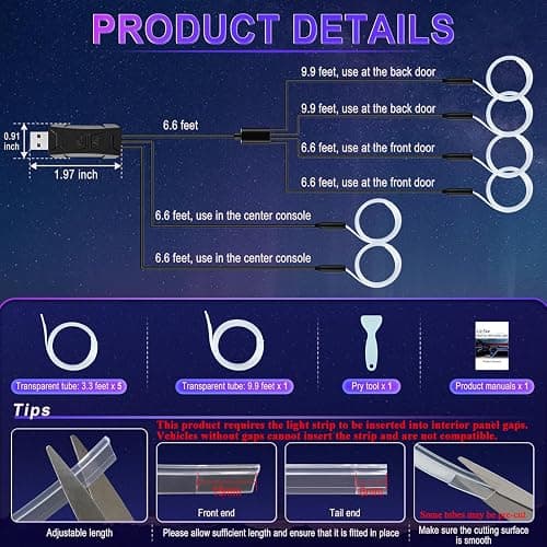 LivTee Smart LED Car Lights Interior with USB Port, LED Strip Fiber Optic Ambient Lighting Car, Wireless App Control, Sync to Music, Car Decorations Interior Accessories Gifts for Women Men, 6 in 1 thumbnail 4