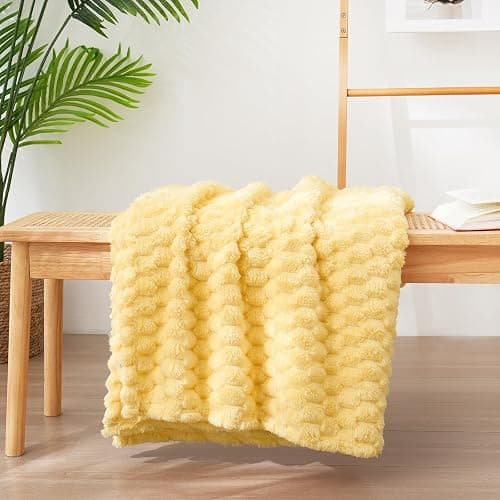 Vessia Flannel Fleece Throw Blanket, 3D Jacquard Light Yellow Fuzzy and Warm Blanket for Couch, Sofa, Bed, 300GSM Super Soft Touch Cozy Home Decor for All Seasons (50x70 inches) thumbnail 6
