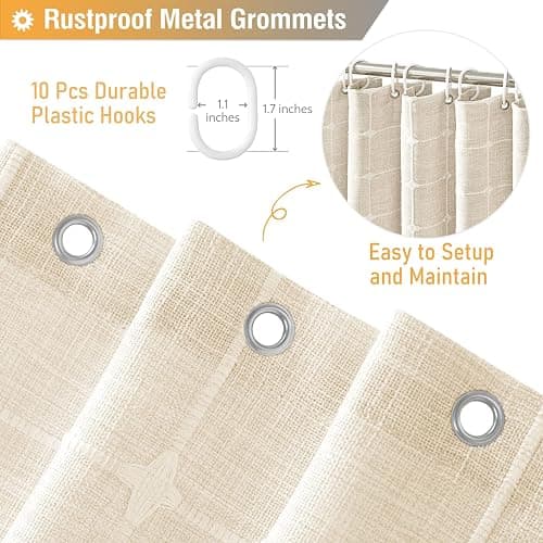 BTTN 54x78 Boho Farmhouse Linen Heavy Duty Shower Curtain Set, Cream/Beige | Narrow Long Size, 330GSM Linen Blend, 3-side Tassels, Waterproof Fabric, 10 Plastic Hooks, Rustic Bohemian, Machine Washable thumbnail 5