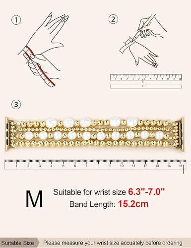 JR.DM Gold Beaded Bracelet Bands Women Compatible with Apple Watch 40mm 42mm(S10/11) 41mm 38mm Dressy Fancy Stretchy Elastic Jewelry Strap Replacement for iWatch Series 11/10/9/8/7/6/5/4/3/2/1/SE thumbnail 2