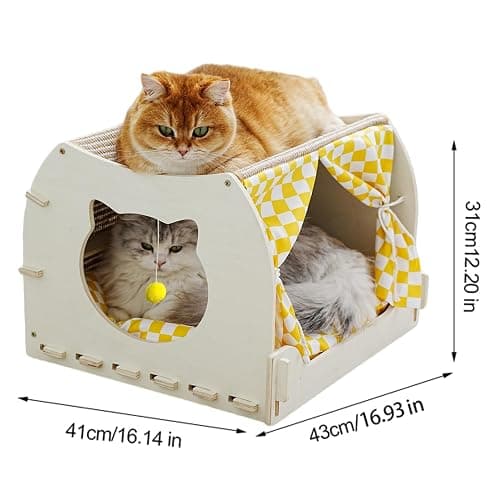 VARMTOR Cat House Indoor, Cat Cave, Modern Kitten Bed with Scratch Pad and Fluffy Ball, Wooden Frame with Cushion and Curtains (M, Double-Layer) thumbnail 4
