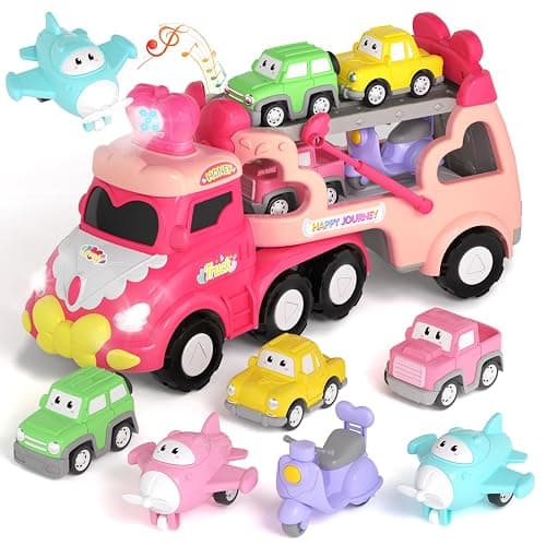 newcrave Truck Toys for 1 2 3 Year Old Girl, 7-in-1 Carrier Cars Toys for Toddler Girls Age 1-2 2-3, Princess Toy with Light & Sound, Easter Christmas Birthday Gifts for 1 2 3+ Year Old Girls - Image 1