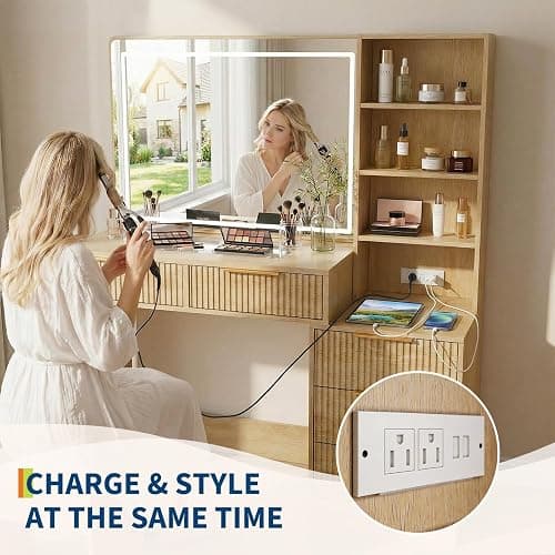 Jojoka Vanity Desk with 3-Color LED Lighted Touch Mirror, Makeup Vanity with Charging Station (2 AC+2 USB), 5 Drawers & Glass Top Jewelry Storage, Modern Dressing Table for Bedroom thumbnail 9